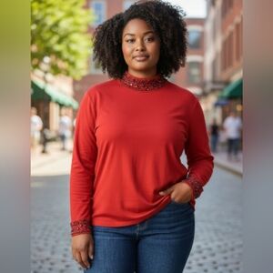 Chicos Red Floral Crystal Pull Over Sweater